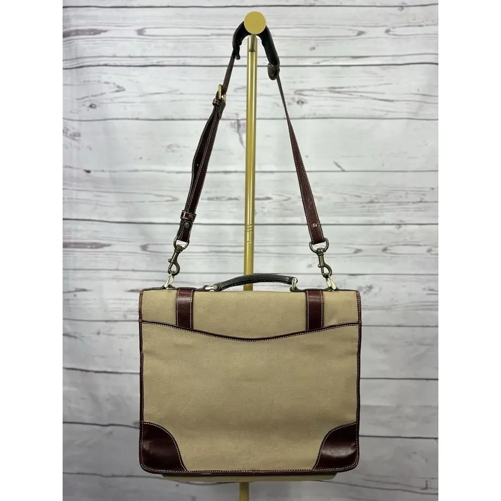 Vtg Holland Khaki Battenkill Canvas Saddle Leather Briefcase Messenger Bag USA